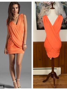 Beautiful BCBGMAXAZRIA Alondra Orange Draped V-Neck Mini Dress